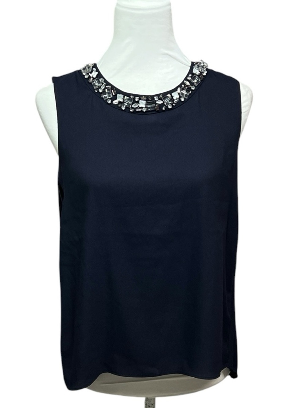 Ann Taylor Sleeveless Beaded Neckline Top Navy